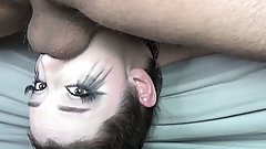 Big Titty Goth Babe with Sloppy Ruined Makeup & Black Lipstick Gets EXTREME Off the Bed Upside Down Facefuck with Balls