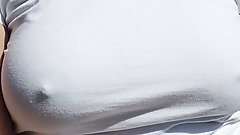 Nice walk without a bra, nipples shine through my white shirt (see through shirt) - boob walk